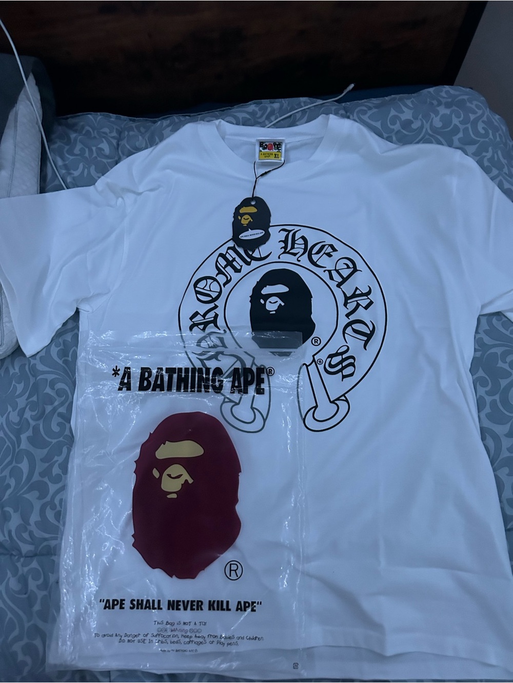 A Bathing Ape White Short-Sleeve Graphic Tee with Chrome Hearts Motif